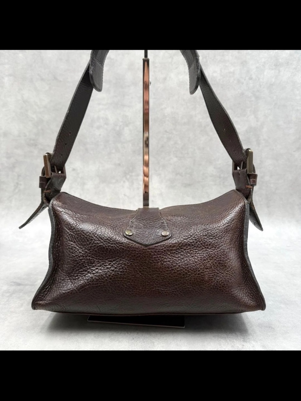 Mulberry Dark Brown Pebbled Leather Shoulder Bag with Buckle Pockets - Picture 3 of 15